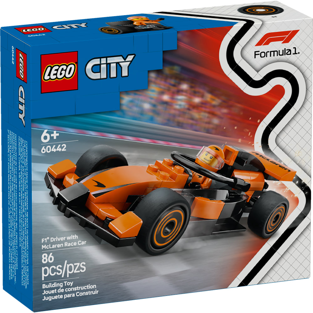 Auto LEGO City McLaren F1 60442 con minifigura de piloto y diseño aerodinámico