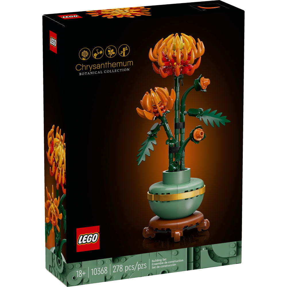 Set LEGO® Icons Crisantemo 10368 con flores naranjas articuladas en maceta verde pastel con banda dorada, un elegante adorno floral inspirado en el otoño.