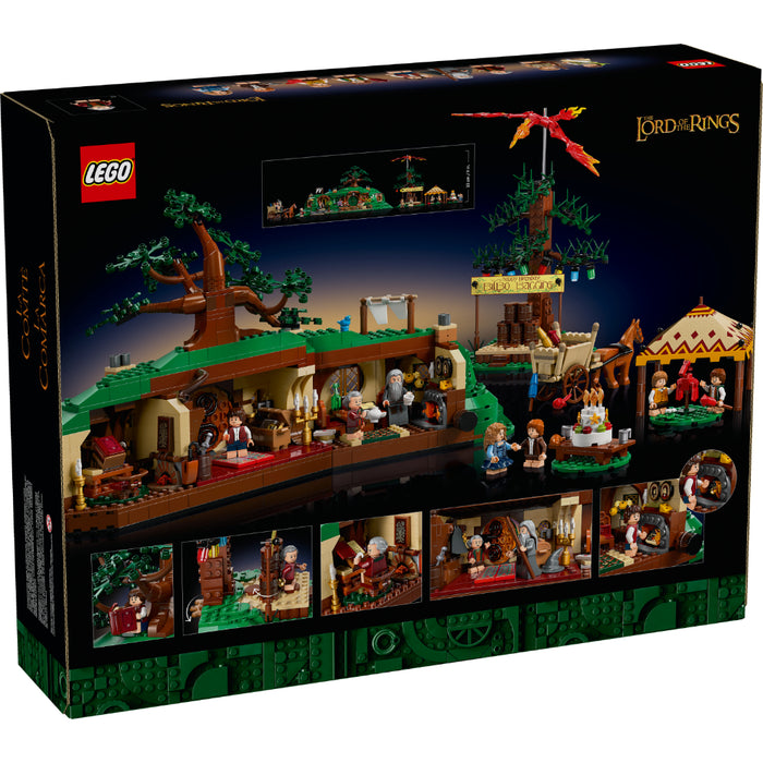 Diorama LEGO de La Comarca con el agujero hobbit de Bilbo Bolsón y personajes de El Señor de los Anillos