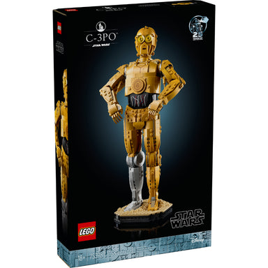 Set LEGO® Star Wars™ C-3PO 25 Aniversario con figura articulada detallada, minifigura complementaria, base expositora y ladrillo conmemorativo para fans y coleccionistas adultos.