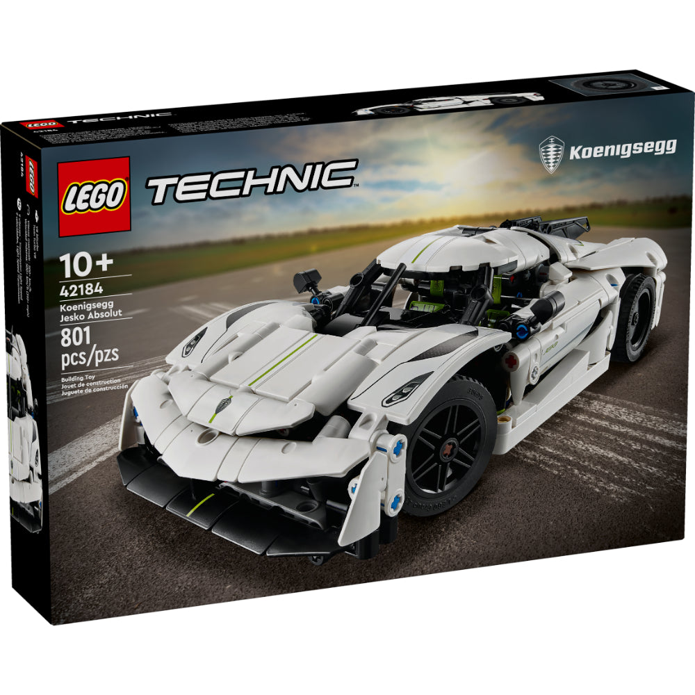 Set LEGO Technic Koenigsegg Jesko Absolut Blanco 42184 con diseño deportivo, puertas diédrico-sincrónicas, motor V8 y dirección funcional.