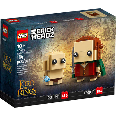 Set LEGO BrickHeadz Frodo y Gollum 40630 con figuras construibles de los personajes de El Señor de los Anillos, accesorios y bases de exposición.