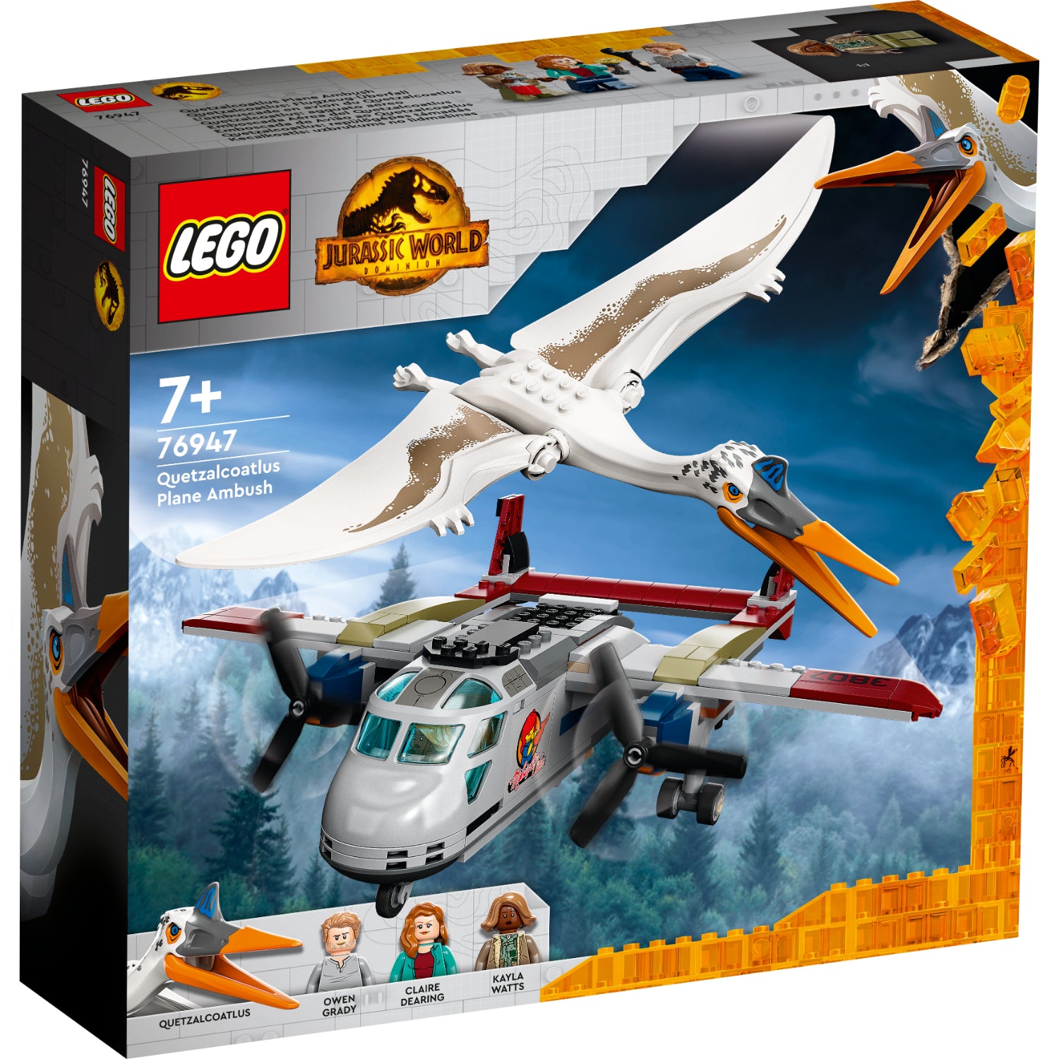 Set LEGO Jurassic World Quetzalcoatlus Plane Ambush con avión, figura de Quetzalcoatlus y minifiguras de Owen Grady, Claire Dearing y Kayla Watts.